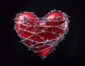 Heart in Barbed Wire on Black. A plastic heart wrapped in barbed wire fence. Valentines day Royalty Free Stock Photo