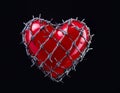 Heart in Barbed Wire on Black. A plastic heart wrapped in barbed wire fence. Valentines day Royalty Free Stock Photo