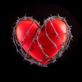 Heart in Barbed Wire on Black. A plastic heart wrapped in barbed wire fence. Valentines day Royalty Free Stock Photo