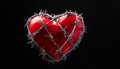Heart in Barbed Wire on Black. A plastic heart wrapped in barbed wire fence. Valentines day Royalty Free Stock Photo