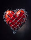 Heart in Barbed Wire on Black. A plastic heart wrapped in barbed wire fence. Valentines day Royalty Free Stock Photo