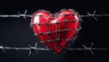 Heart in Barbed Wire on Black. A plastic heart wrapped in barbed wire fence. Valentines day Royalty Free Stock Photo
