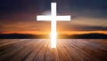 Good Friday and Easter Sunday concept. Wooden floor with blurred cross and sunset amazing Royalty Free Stock Photo