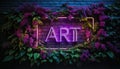 art neon art sign illuminating brick wall with lush foliage Royalty Free Stock Photo