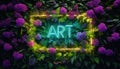 art neon art sign illuminating brick wall with lush foliage Royalty Free Stock Photo