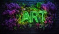 art neon art sign illuminating brick wall with lush foliage Royalty Free Stock Photo