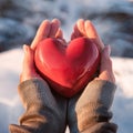 Woman hands are holding a beautiful glossy red heart in a snow winter background Royalty Free Stock Photo