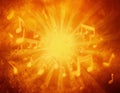 Abstract Music Notes Blast in Blurry Grungy Orange Background. Illustration of yellow music Royalty Free Stock Photo