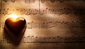 Love Music. Light heart on vintage music sheet Royalty Free Stock Photo