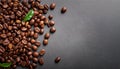 Roasted coffee beans on grey background with space for text, top view Royalty Free Stock Photo
