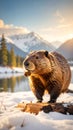 North American Beaver. Beaver Eating wood in the snow Royalty Free Stock Photo