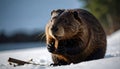 North American Beaver. Beaver Eating wood in the snow Royalty Free Stock Photo