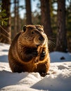 North American Beaver. Beaver Eating wood in the snow Royalty Free Stock Photo