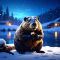 North American Beaver. Beaver Eating wood in the snow Royalty Free Stock Photo