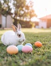 Adorable Easter bunny and colorful eggs on green grass in garden Royalty Free Stock Photo