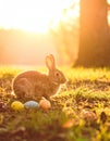 Adorable Easter bunny and colorful eggs on green grass in garden Royalty Free Stock Photo