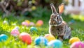 Adorable Easter bunny and colorful eggs on green grass in garden Royalty Free Stock Photo