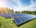 Energy park. Solar panel and eolic system on green park Royalty Free Stock Photo