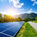 Energy park. Solar panel and eolic system on green park Royalty Free Stock Photo