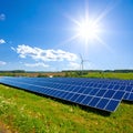 Energy park. Solar panel and eolic system on green park Royalty Free Stock Photo