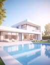 New modern house with backyard swimming pool on sunny day Royalty Free Stock Photo