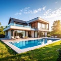 New modern house with backyard swimming pool on sunny day Royalty Free Stock Photo