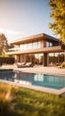New modern house with backyard swimming pool on sunny day Royalty Free Stock Photo