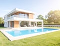 New modern house with backyard swimming pool on sunny day Royalty Free Stock Photo