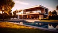 New modern house with backyard swimming pool on sunny day Royalty Free Stock Photo
