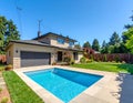 New modern house with backyard swimming pool on sunny day Royalty Free Stock Photo