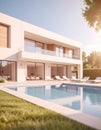 New modern house with backyard swimming pool on sunny day Royalty Free Stock Photo