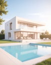 New modern house with backyard swimming pool on sunny day Royalty Free Stock Photo