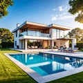 New modern house with backyard swimming pool on sunny day Royalty Free Stock Photo