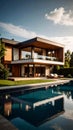New modern house with backyard swimming pool on sunny day Royalty Free Stock Photo
