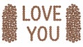I Love You formed by coffee beans. Royalty Free Stock Photo