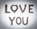 I Love You formed by coffee beans. Royalty Free Stock Photo