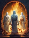 Three men stand in a burning fiery furnace. Royalty Free Stock Photo