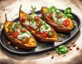 Three stuffed sweet potatoes topped with cheese, tomatoes, and basil are presented on a platter, a flavorful and healthy dish Royalty Free Stock Photo