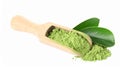 Scoop with powdered matcha tea and green leaves on white background Royalty Free Stock Photo