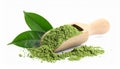 Scoop with powdered matcha tea and green leaves on white background Royalty Free Stock Photo