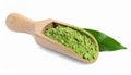 Scoop with powdered matcha tea and green leaves on white background Royalty Free Stock Photo