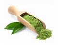 Scoop with powdered matcha tea and green leaves on white background Royalty Free Stock Photo