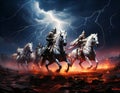 Galloping Knights on horses during a lightning storm. Royalty Free Stock Photo
