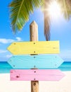 Pastel colored wooden direction signs, beach and palm tree background Royalty Free Stock Photo