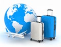 Worldwide airplane travel. Travel airplane concept with airplane and suitcase Royalty Free Stock Photo