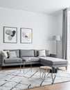 White elegant living room interior with windows, grey corner sofa and modern art posters Royalty Free Stock Photo