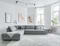 White elegant living room interior with windows, grey corner sofa and modern art posters Royalty Free Stock Photo