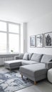 White elegant living room interior with windows, grey corner sofa and modern art posters Royalty Free Stock Photo