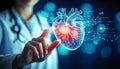 Generated image. Finger of doctor touching human heart, organ virtual interface. Royalty Free Stock Photo