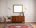 Vintage living room interior with a patterned rug, cupboard, golden frame on the wall Royalty Free Stock Photo